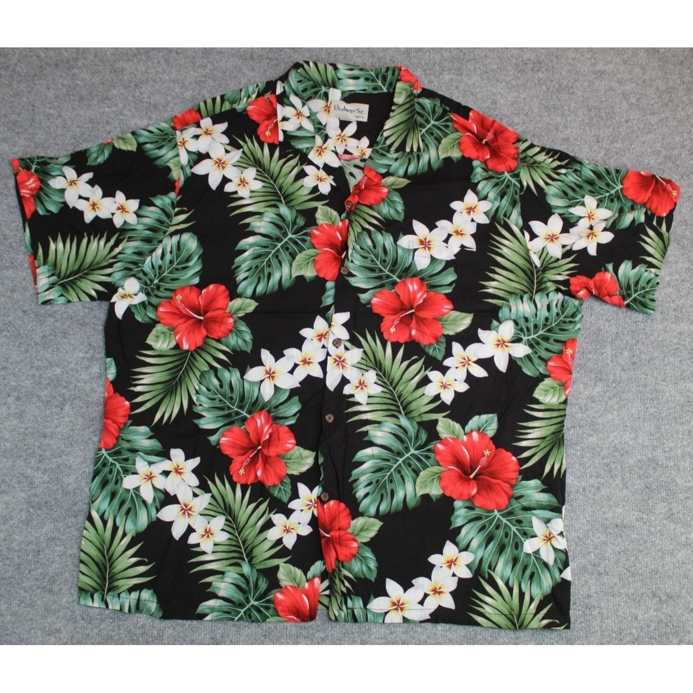 VTG Bishop Street Hawaiian Shirt Mens 2XL Floral Button Up Palm Rayon Black Red